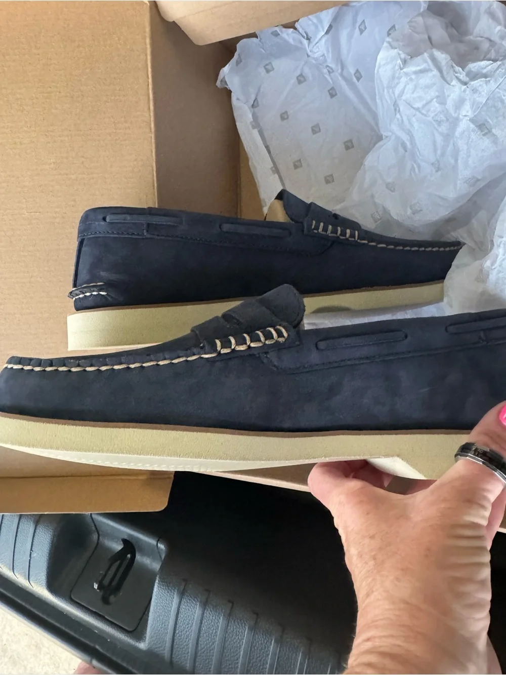 Sperry Navy Suede Penny Loafers with Contrast Stitching